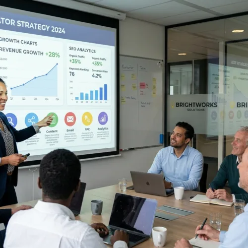 Small business owner developing a strategic marketing plan.