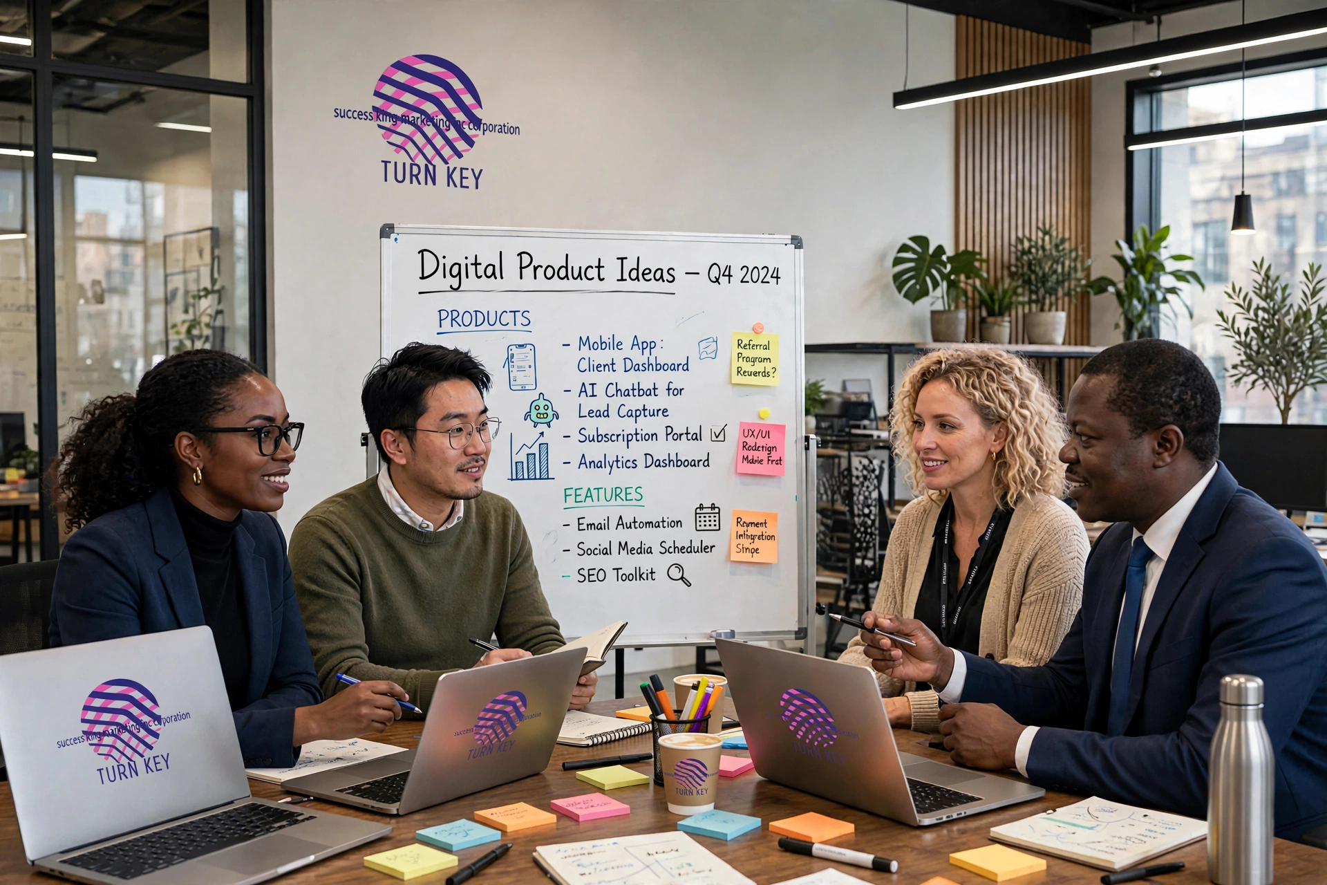 Image: Brainstorming session with digital product ideas. Alt Text: Business innovation strategies
