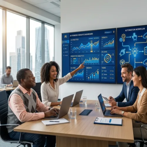 Business professionals using artificial intelligence dashboards to redesign workflows and improve productivity.
