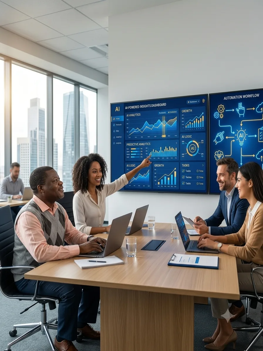Business professionals using artificial intelligence dashboards to redesign workflows and improve productivity.