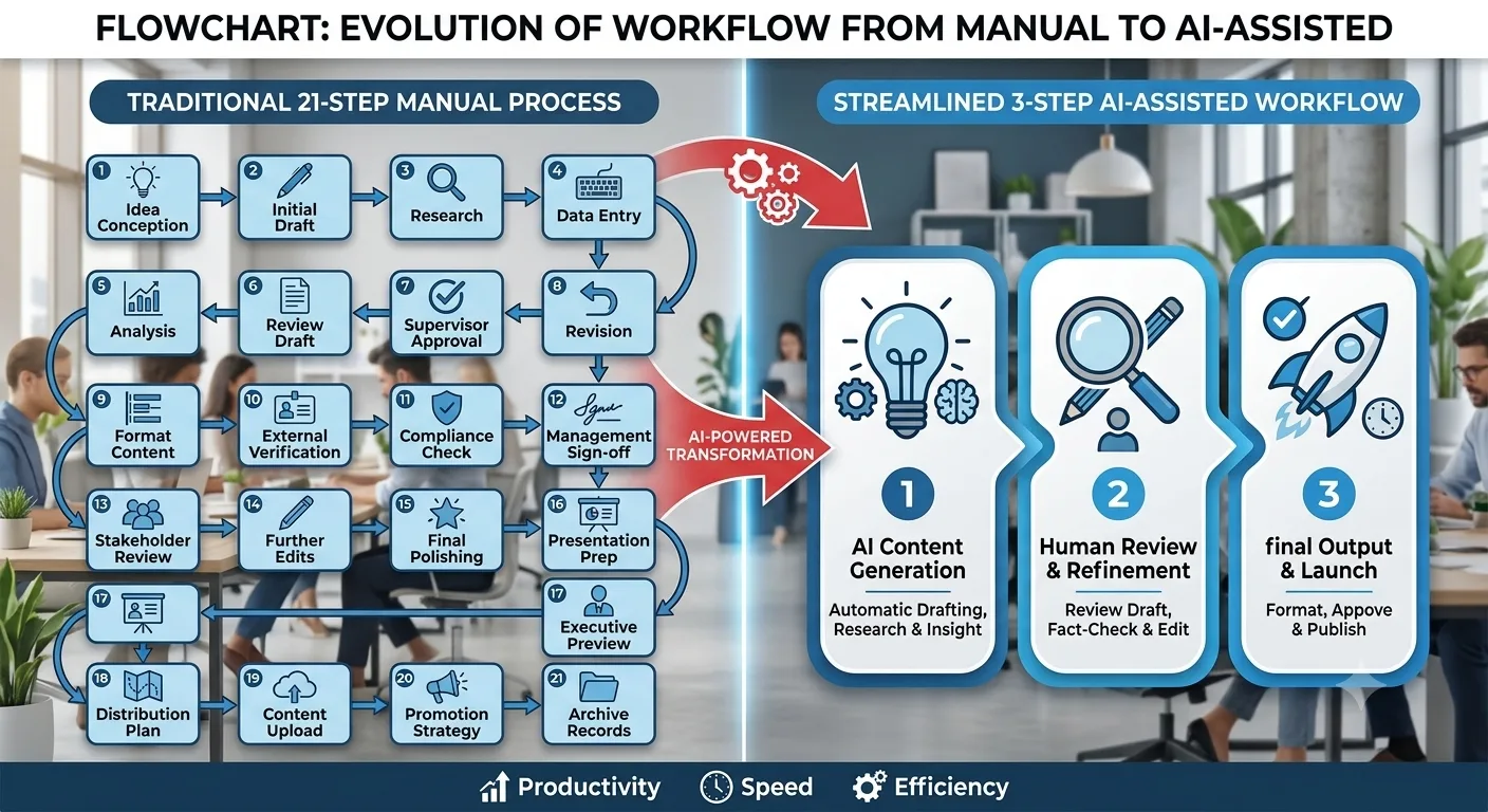 traditional 21-step process transformed into a streamlined 3-step AI-assisted workflow.