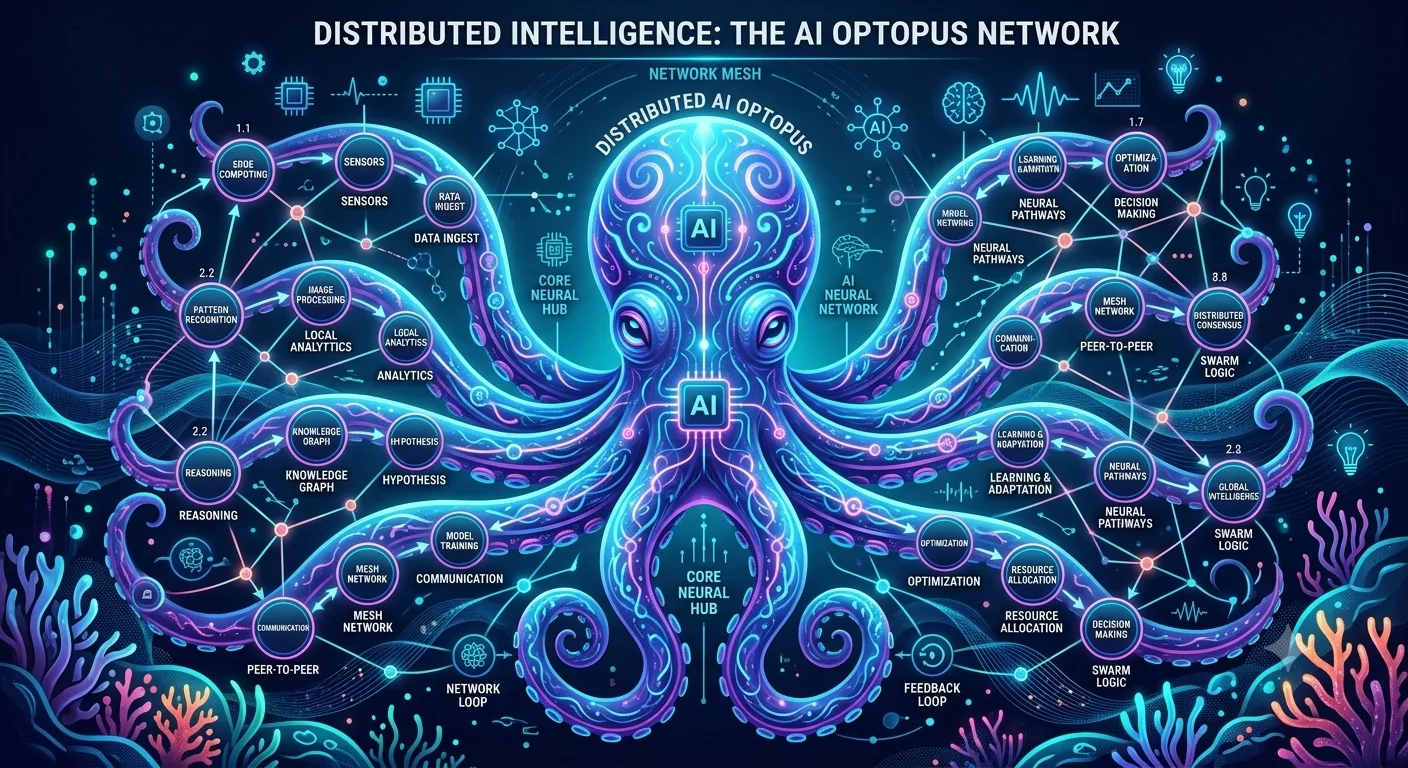 octopus infographic with connected AI nodes representing distributed intelligence.