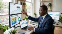 AI-powered business tools while reviewing growth metrics