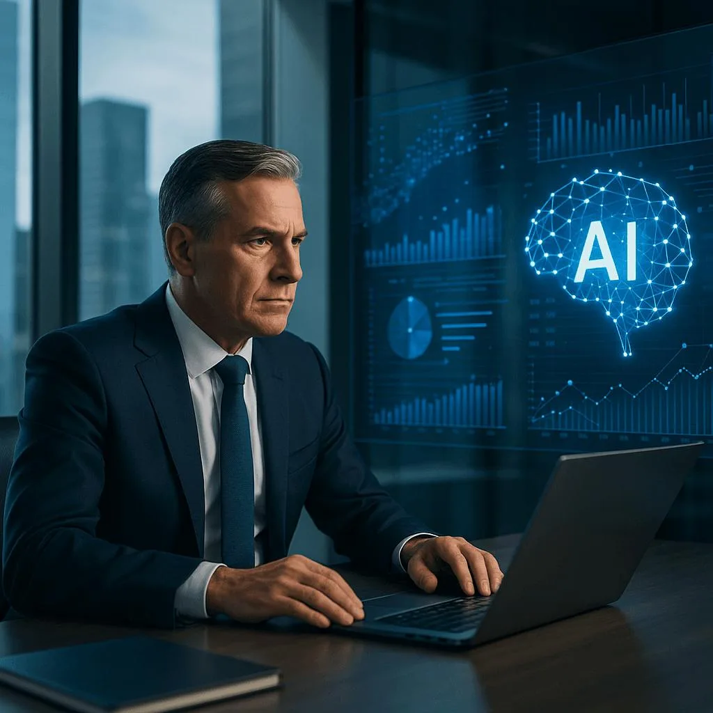 Business leader using reflection and AI insights for better decisions.