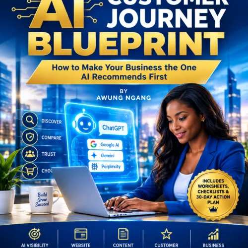 The AI Customer Journey Blueprint eBook by Awung Ngang featuring blue and gold Success King Marketing Inc. branding.